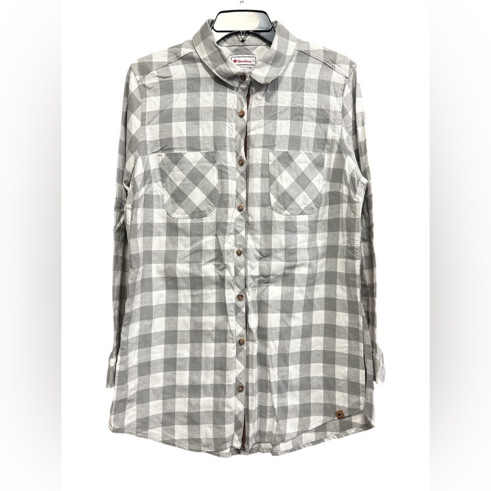 Canadiana Plaid Flannel Long Sleeve Button Up Shirt Women’s Various Sizes GryWht